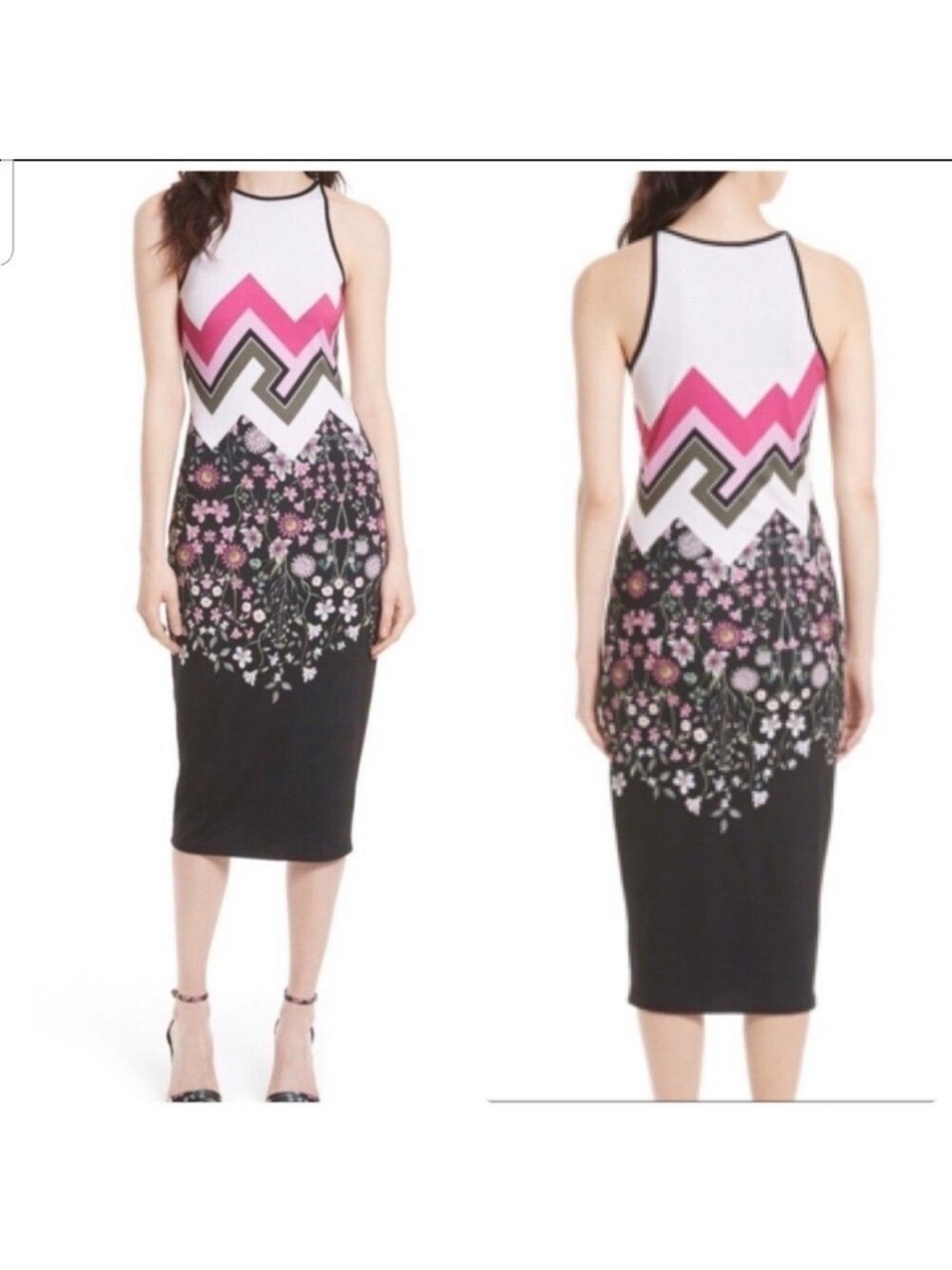 Ted Baker Pink, Black & White Floral Chevron Midi Dress